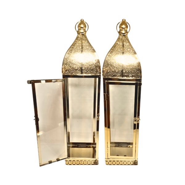 Ramadan Decorative Gold Plated Metal And Glass Candle Lanterns with Hammered Designer Top Floor & Hanging Lantern